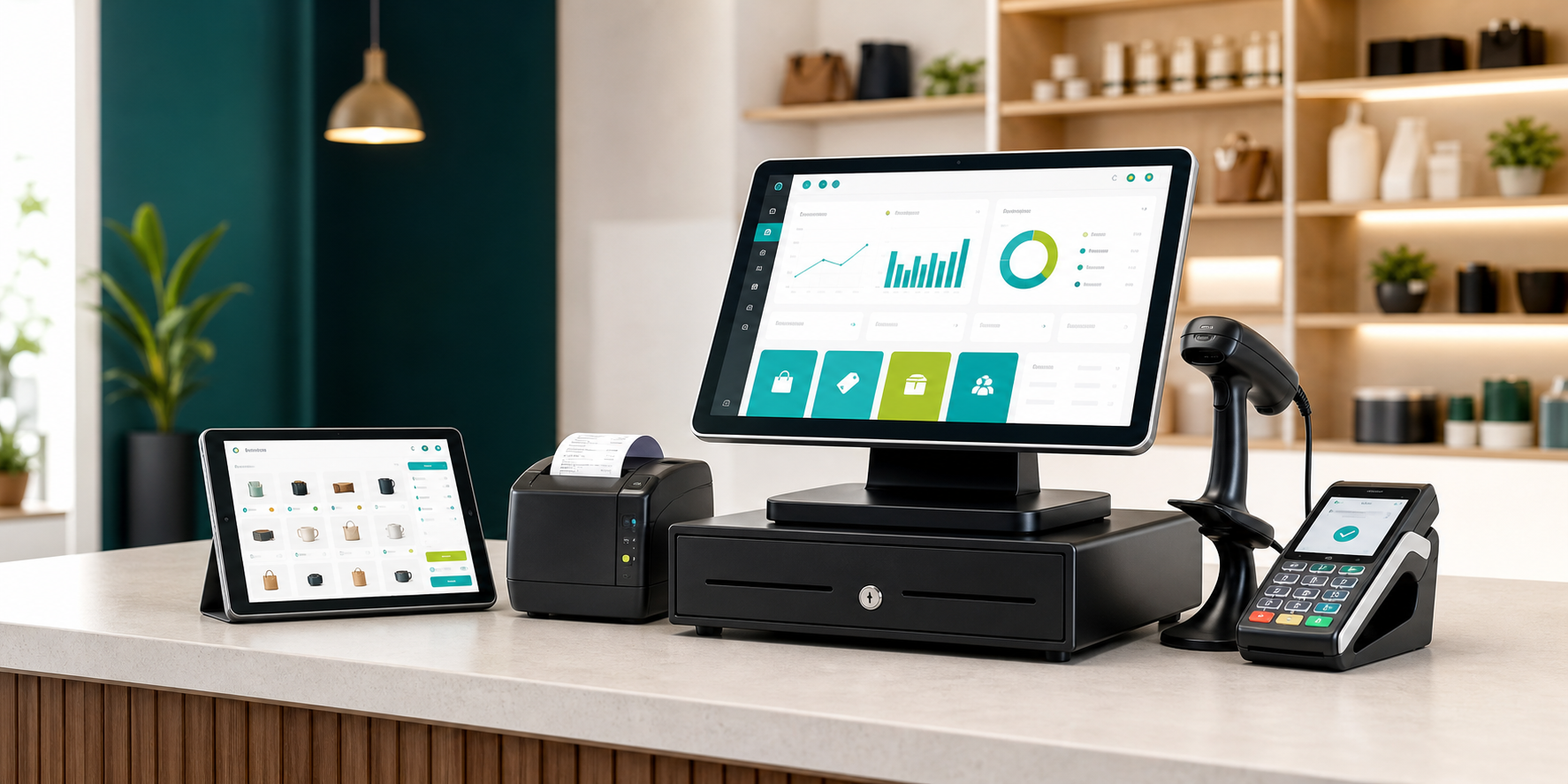 Modern EPOS system with touchscreen terminal, card reader and barcode scanner